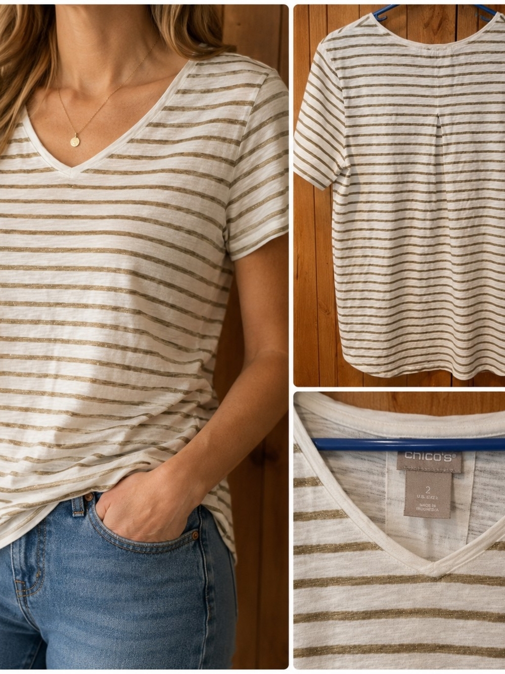 Chico's Cream and Gold Striped V-Neck Short Sleeve Tee